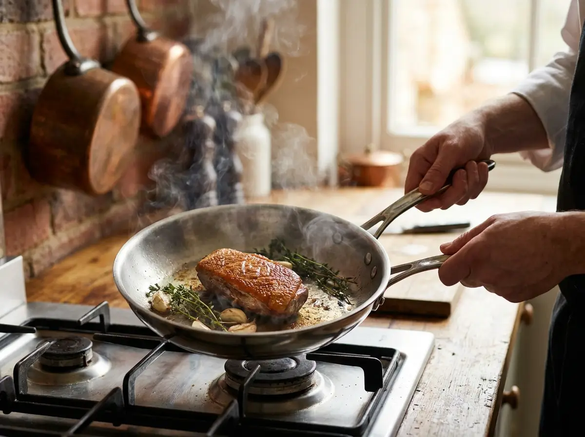 A cook searing food in a pan on the stove