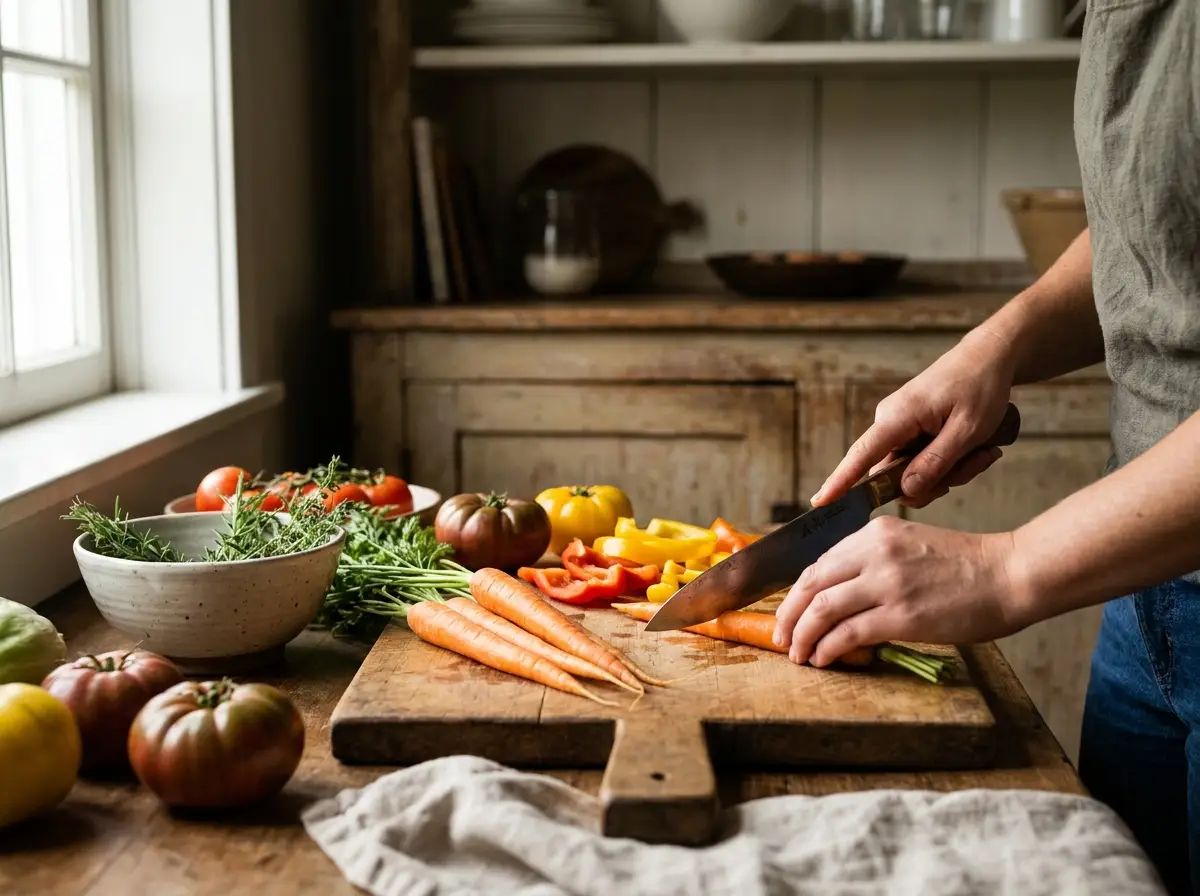 Slicing fresh vegetables on a wooden board